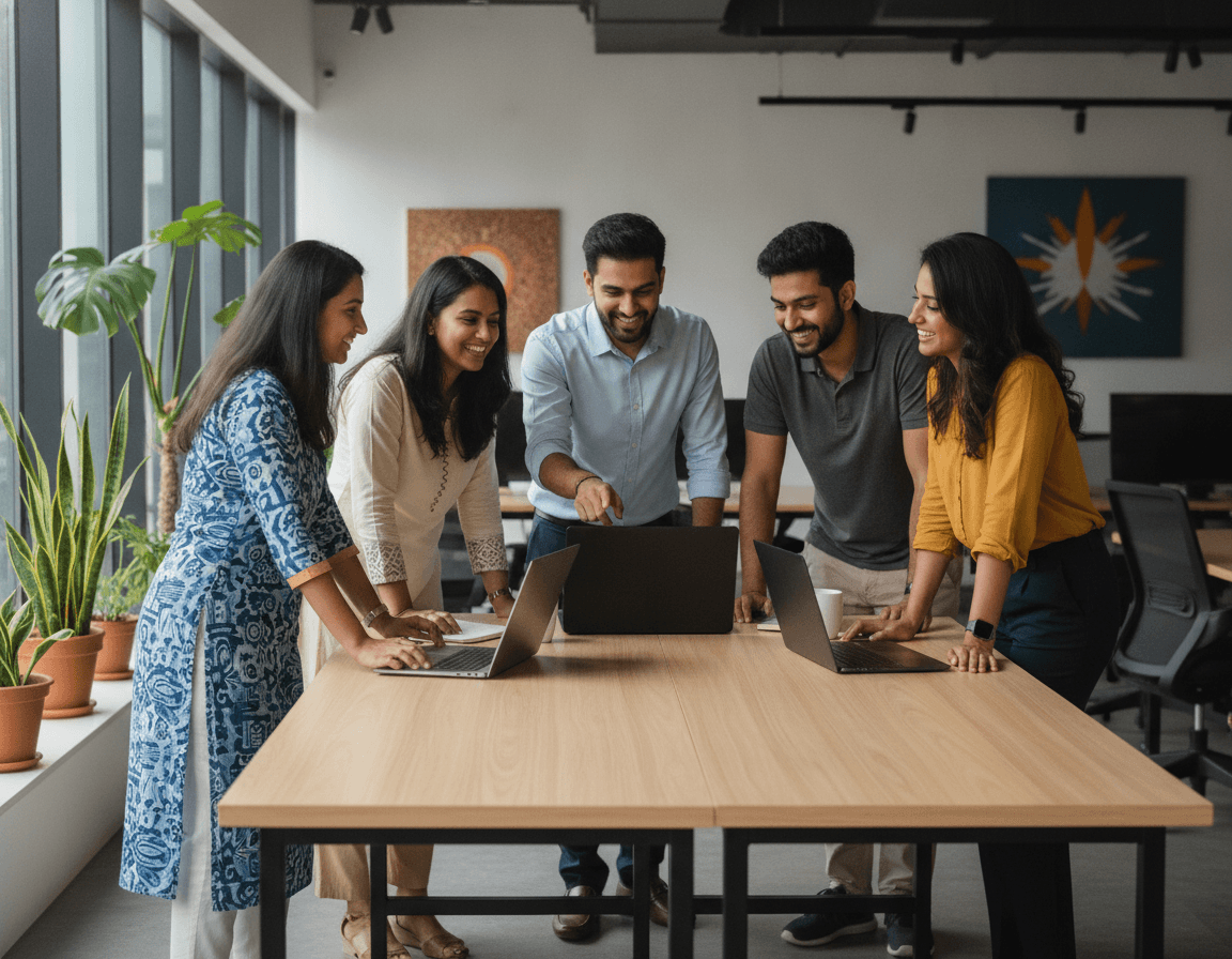 A team of colleagues collaborating around laptops in a bright Indian office